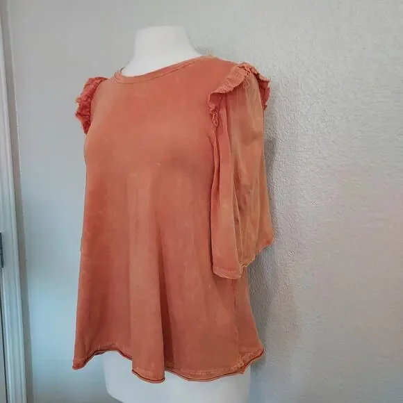 Anthro's Eri + Ali Coral Orange Flutter Short Sleeve Blouse Size S - Picture 6 of 15